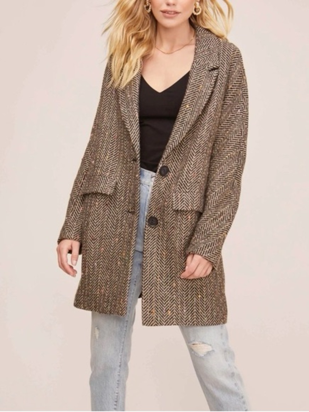 Astr Herringbone Tweed Coat with Multicolor Flecks Size Small Wool Blend